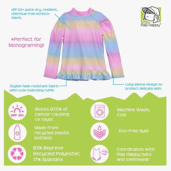 NWT Flap Happy Long Sleeve Rash Guard, Rainbow Ombré, UPF 50+, 12M - Picture 6 of 7